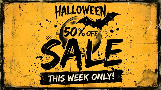Vintage halloween 50% off sale poster with bat and moon