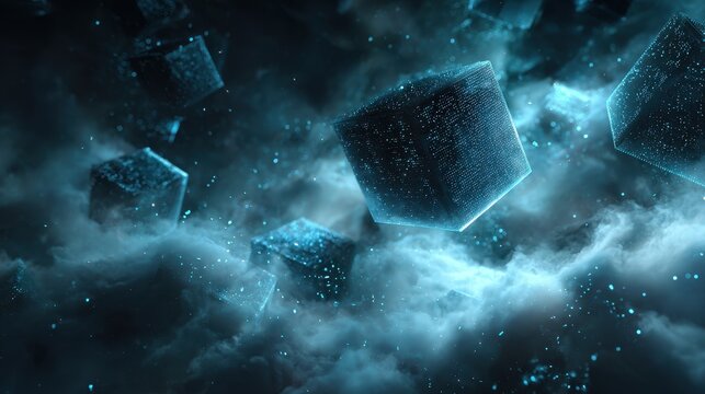 Ethereal Ice Cubes Floating in Mystical Nebula Cloudscape.