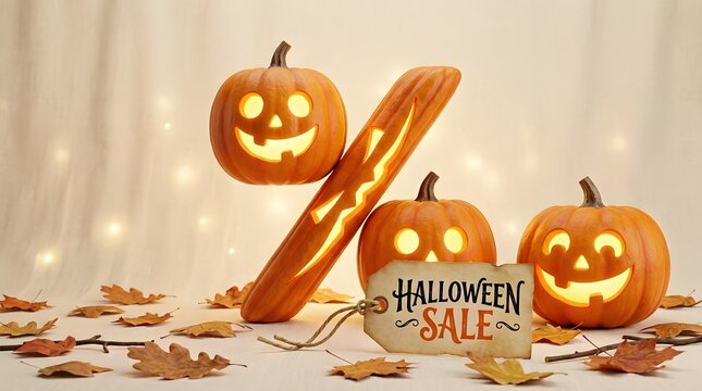Halloween sale concept with carved pumpkins forming a percentage sign