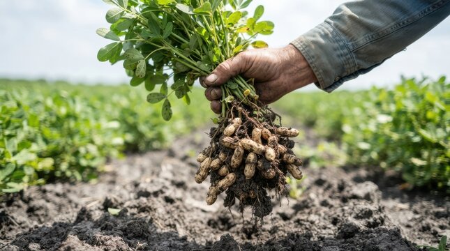 Farmer holding a freshly harvested peanut plant with peanuts attached to the roots in a field