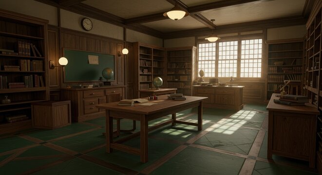 Vintage library interior with bookshelves desk and overhead lighting