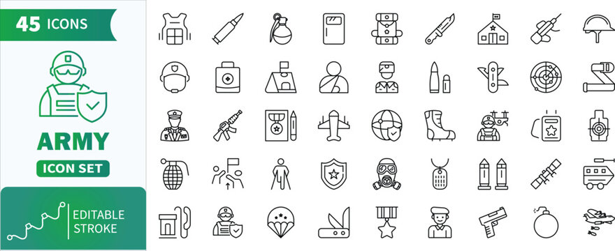 Military army line icon set.Complete collection of military and army related outline icons ready for use