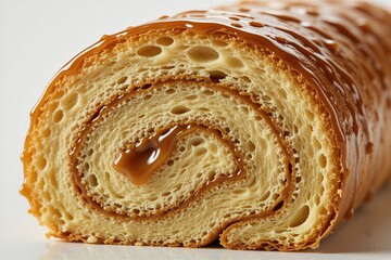 Fototapeta premium Sweet maple roll dessert with visible layers of dough and caramel glaze. Fluffy pastry has a soft texture, perfect for breakfast or coffee time treat.