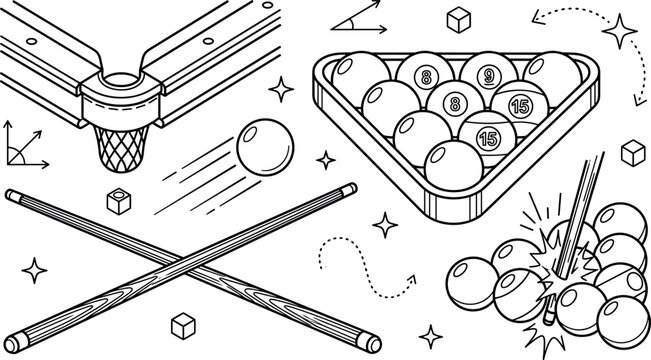 Billiards and pool game line icon vector set featuring snooker table corner balls in triangle rack crossed cues and break shot.