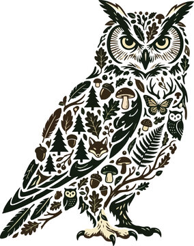 Stylized owl silhouette composed of various forest nature elements and woodland creatures.
