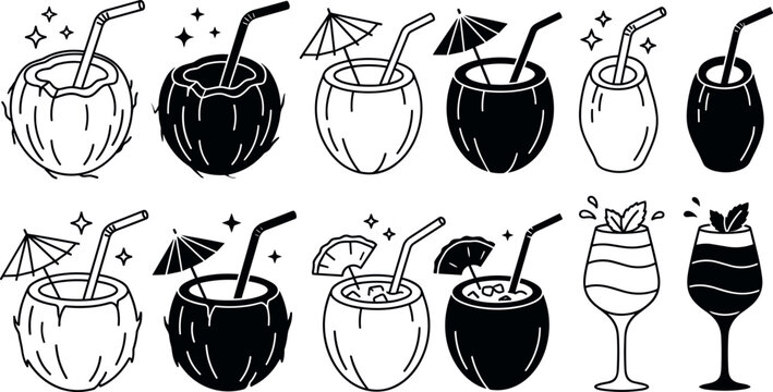 Coconut cocktail vector icon set featuring tropical summer drinks with straw umbrella pineapple slice and beverage glasses vector
