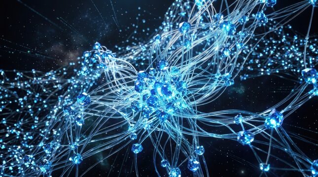 Abstract network of glowing blue nodes and connecting lines representing a complex system or interconnected web of data in deep space