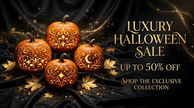 Luxury halloween sale banner with ornate glowing pumpkins on black silk