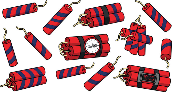Dynamite vector illustration set featuring red and blue striped tnt sticks time bomb bundle clock timers and fuses