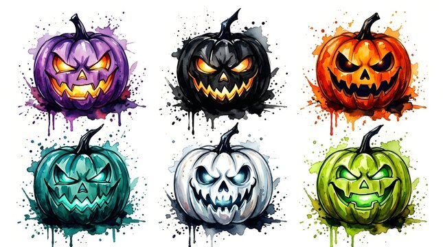Set of six colorful watercolor jackolantern pumpkins for halloween