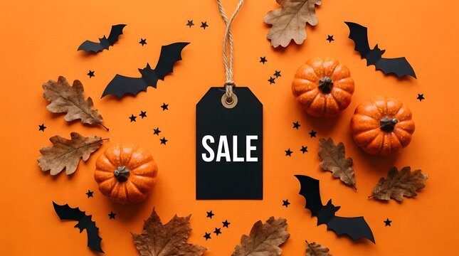 Halloween sale tag with pumpkins, bats, and autumn leaves