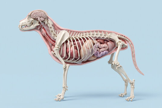 Detailed Anatomical Illustration of Dog Skeleton, Muscles, and Internal Organs for Veterinary Education