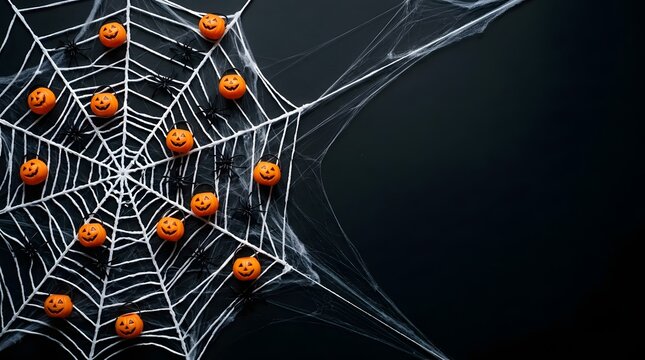 Halloween spider web background with small pumpkin buckets and spiders