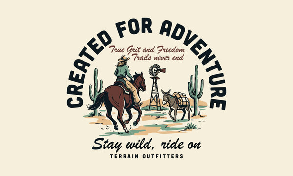 Retro western desert art featuring a cowgirl on horseback with a pack mule near a windmill.