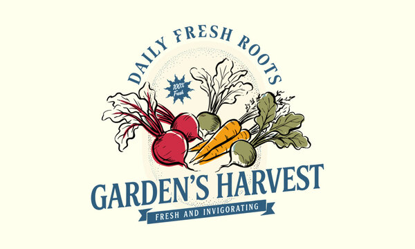 Vintage farm logo with hand drawn beets, carrots and radishes for garden fresh organic vegetables