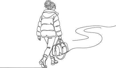 Continuous one line drawing of a woman walking with a travel bag. © punokawan