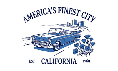 Obraz premium Retro blue car sketch with California poppies and a coastal city skyline for apparel design