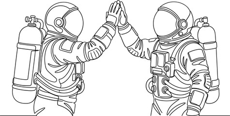 Line art illustration of two astronauts giving a high five in space suits. © punokawan
