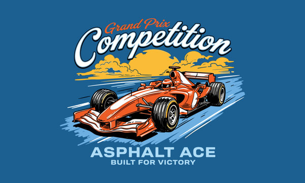Vintage grand prix competition illustration of an orange formula race car on a track