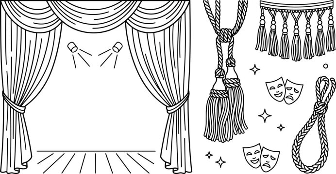 Theater stage curtain vector icon set featuring opened broadway drapes spotlights performance fringe tassels and comedy tragedy masks vector