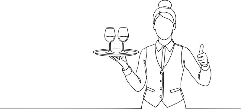Outline illustration of a professional female server holding a tray with two glasses of wine and giving a thumbs up gesture.