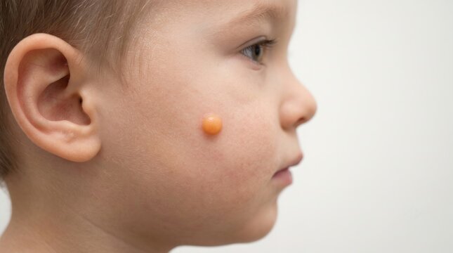 Close-up of Child's Face with a Large Blister or Skin Infection on the Cheek