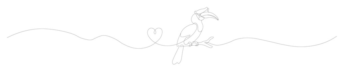 A single continuous line art illustration of a hornbill perched on a branch with a heart shape along a wave, set on a white background. © โยธิน ทุมจีน
