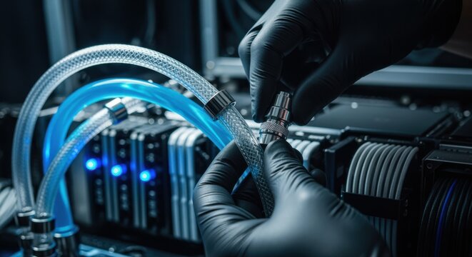 Hands securing fittings on a precisionengineered liquid cooling loop designed to maintain optimal temperature in a highpower supercomputer array.
