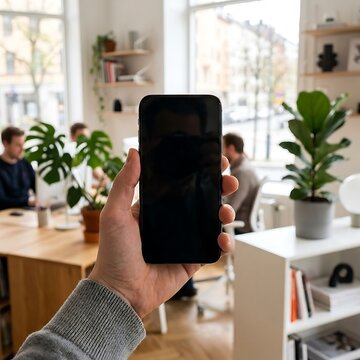 Hand holding black smartphone with blank screen in modern office environment with blurred colleagues.