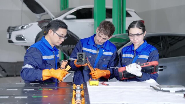 Team of professional EV technicians inspecting a high-voltage charging connector and battery components in a modern automotive workshop. Electric vehicle diagnostics, teamwork, and advanced maintenanc