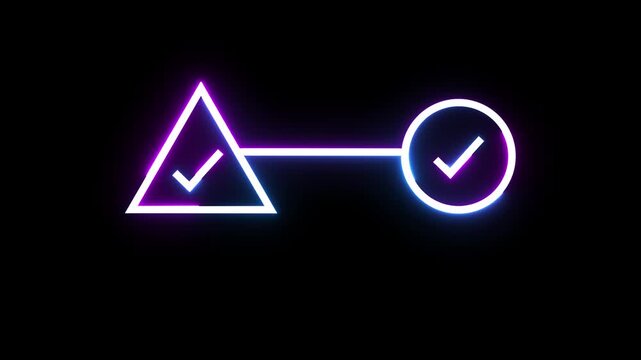 Neon illuminated triangle and circle shapes with checkmarks connected by glowing light path.