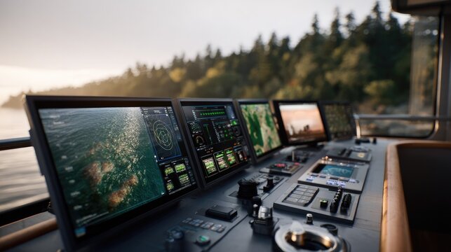 Modern Ship Bridge Technology: A sophisticated ship's bridge with multiple digital displays showing navigation charts and system data.