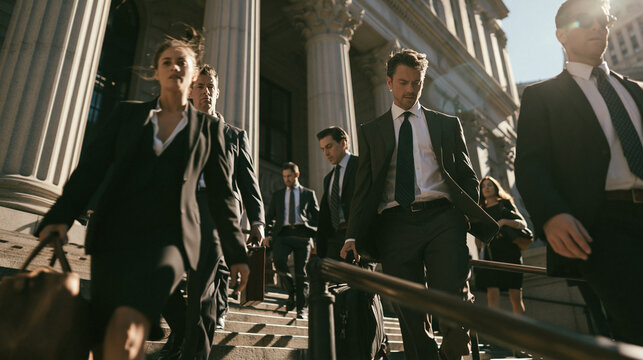 Business professionals in suits collaborating in a downtown office meeting at sunset sunlight with teamwork and leadership