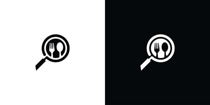 Magnifying glass logo with fork and spoon food search concept.