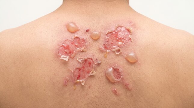 Severe sunburn blisters and peeling skin on human upper back