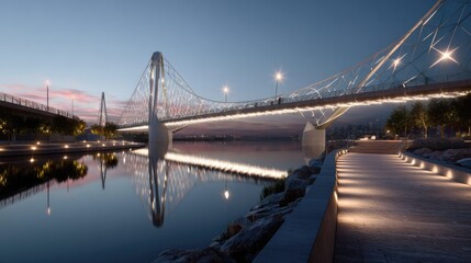 Fototapeta premium Illuminated Bridge at Dusk: A modern suspension bridge spans a tranquil river at twilight, its lights reflecting beautifully on the water's surface, creating a picturesque urban landscape.