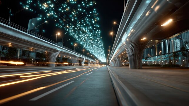 Urban Symphony: A blurred nightscape of a modern city with elevated roadways and streaks of light, depicting the dynamic energy and rapid movement of urban life.