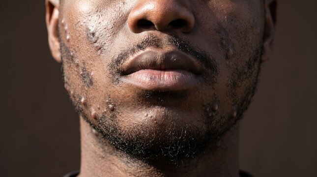 Close up of African American man face with severe nodular acne