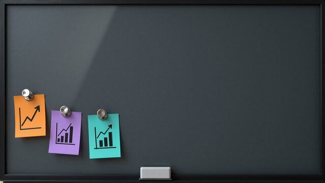 Three colorful sticky notes with upward trending charts pinned to a blackboard.