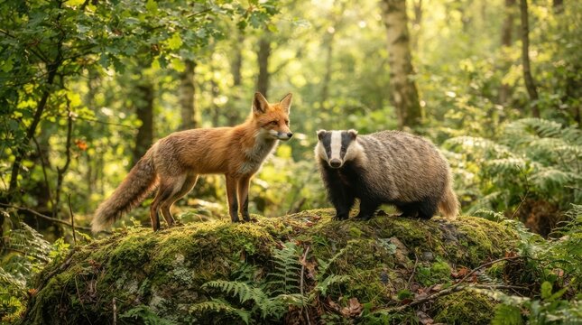 A red fox and a european badger standing together on a mossy rock in a sunlit forest clearing