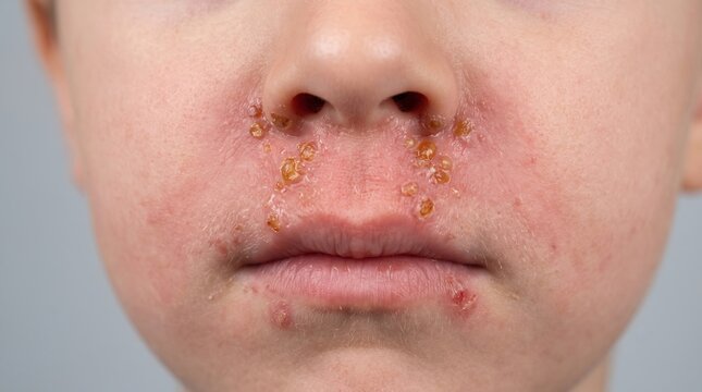 Close up of impetigo skin infection with golden crusts around child nose and mouth