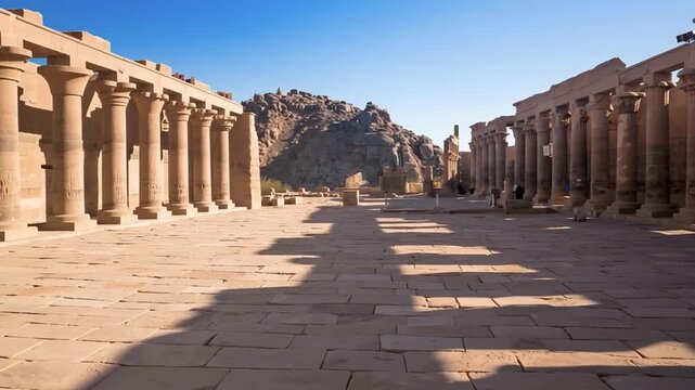 Philae temple in aswan on the Nile in Egypt. Establishing shot.