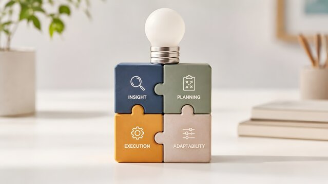 Business strategy process concept featuring colorful puzzle pieces for insight, planning, execution, and adaptability, topped with a bright glowing lightbulb.
