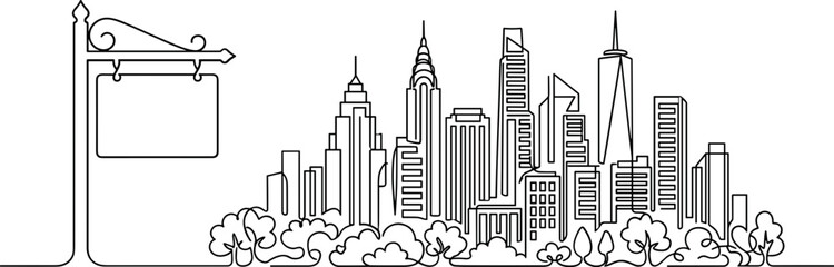 Obraz premium Continuous line drawing of a modern cityscape with a blank signpost.