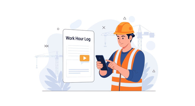 Construction worker using smartphone to log work hours on digital timesheet with cranes in background - Flat illustration