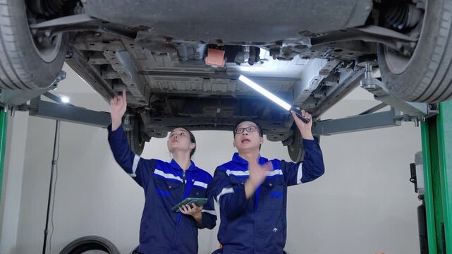 Professional EV technicians inspecting the underbody and battery pack of an electric vehicle raised on a hydraulic lift. Preventive maintenance, vehicle safety inspection, and electric mobility servic