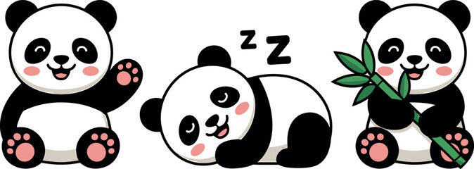 Cute cartoon baby panda bear character vector mascot set waving sleeping and eating green bamboo branch elements © tuzam