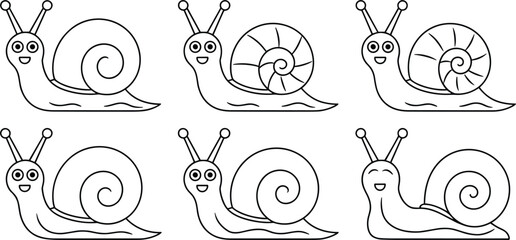 Cute cartoon snail line icons set, funny garden mollusk animal characters isolated on clean white background © Kaiyum