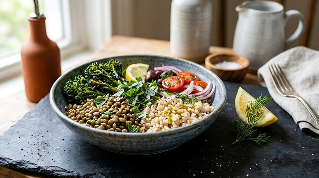 Healthy Lentil and Grain Buddha Bowl with Broccolini and Salad