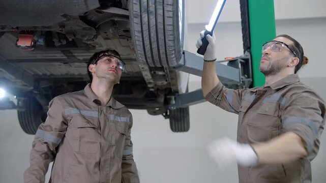 Two professional mechanics removing a vehicle wheel during electric vehicle maintenance in an automotive repair workshop. Tire service, brake inspection, suspension maintenance, and teamwork concept.
